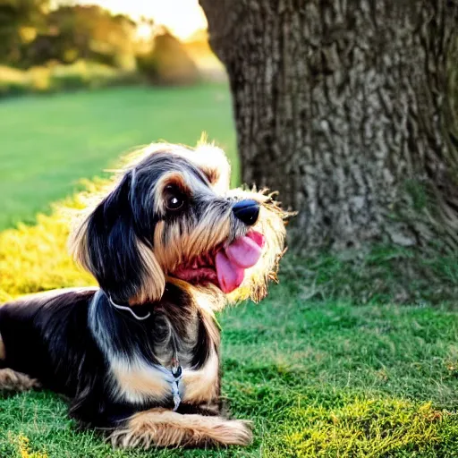 Image similar to a cute mutt who is half long haired dachshund and half shih tzu, brindle, laying under a tree on a farm, golden hour, promised land