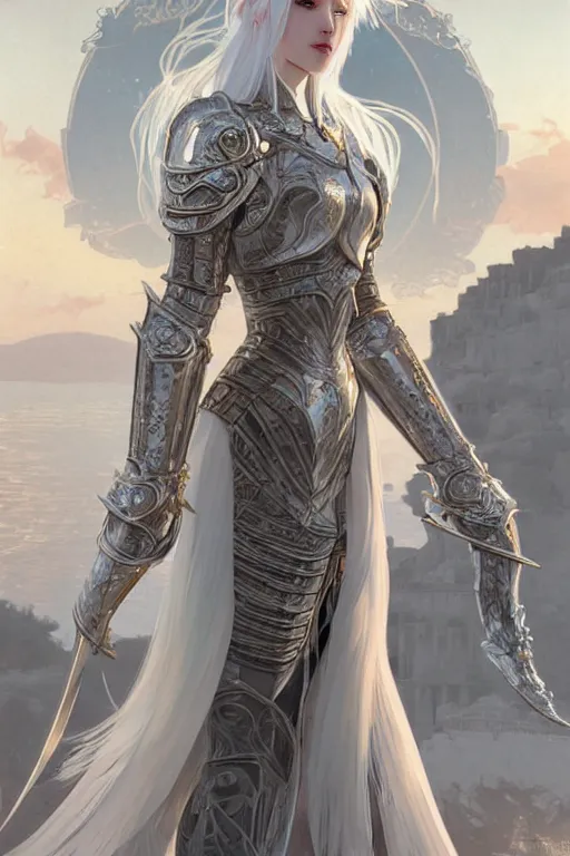 Image similar to portrait white hair knights of Zodiac girl, Sliver ice color reflected armor, in ruined Agora of Athens Sunrise, ssci-fi and fantasy, intricate and very very beautiful and elegant, highly detailed, digital painting, artstation, concept art, smooth and sharp focus, illustration, art by tian zi and WLOP and alphonse mucha