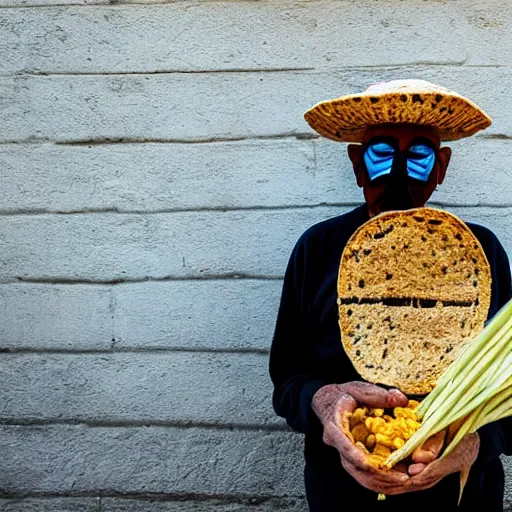 Prompt: an elderly man wearing a mask made from a tortilla, holding a sword made from elote, bold natural colors, national geographic photography, masterpiece, 8 k, raw, unedited, symmetrical balance