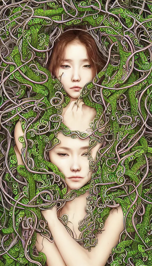 Image similar to very detailed portrait of a 2 0 years old girl surrounded by tentacles, the youg woman visage is blooming from fractal and vines, by yoshitaka amano,