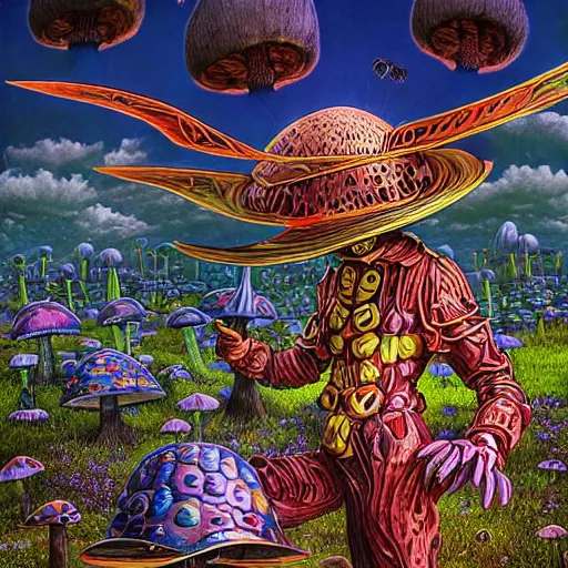 Image similar to 4 k headshot portrait of a psychedelic demonic anthropomorphic insect knight with mushroom themed clothes, magic mushroom village in background by jeff easley, award winning, stylized neon, post - processing, masterpiece, superb resolution. in the art style of junji ito and greg rutkowski. detailed mushroom city in background. hyper realistic anime. perfect art. dalle 2