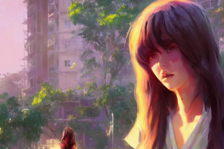 Prompt: digital art of a beautiful girl wearing a shirt standing in front of a ruined apartment complex, jungle composition, sunlit, expressive oil painting, by artgerm, by jeremy lipking, anime style, octane render, bright colors, face!!!! close - up