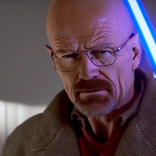 Prompt: A movie still of Walter White holding a blue lightsaber