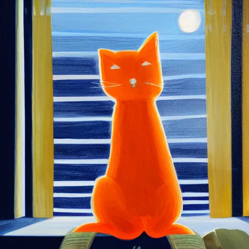 Prompt: painting of orange cat with white stripes in a room, with a window shining light into the room, magic hour