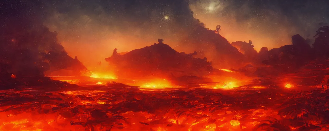 Prompt: ” burning landscape at night, [ cosmic, cinematic, detailed, epic, widescreen, opening, establishing, mattepainting, photorealistic, realistic textures, octane render, art by slop and paul lehr ] ”