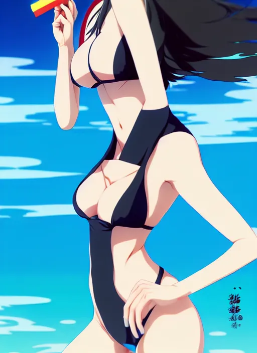 Image similar to full body illustraion of jugoku no fubuki as a handsome woman, wearing two - piece swimsuit, ilya kuvshinov, anime, deroo, pixiv top monthly, trending on artstation, cinematic, danbooru, zerochan art, kyoto animation