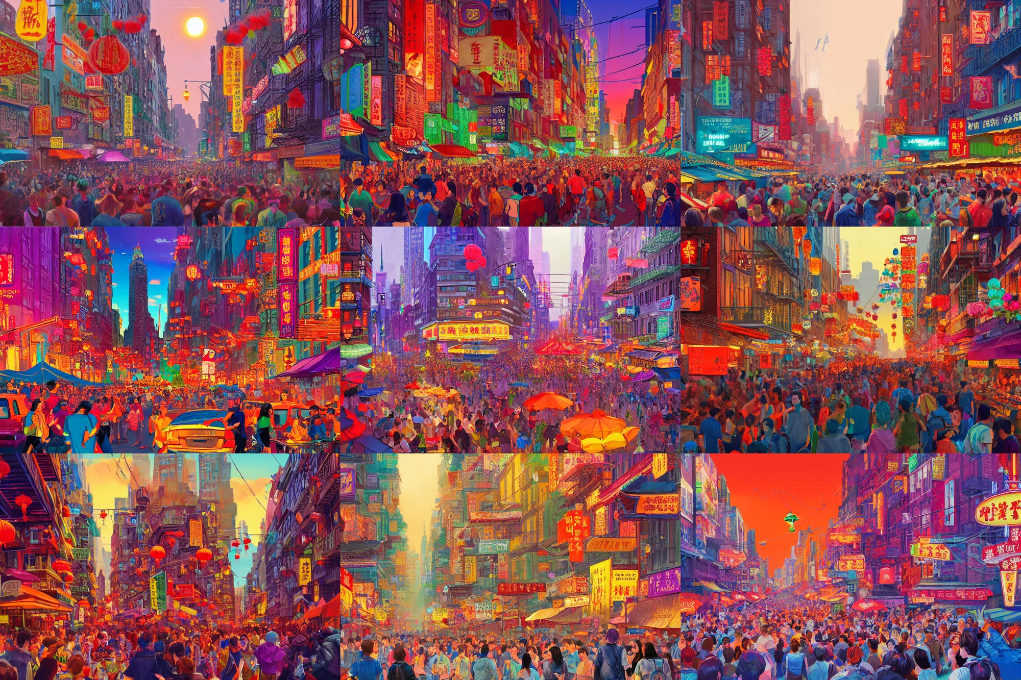 Prompt: an evening festival in manhattan ’ s chinatown, colorfully, detailed illustration, digital art, overdetailed art, concept art, highly saturated colors, detailed illustration, hd, 4 k, digital art, greg, rutkowski, trending on artstation