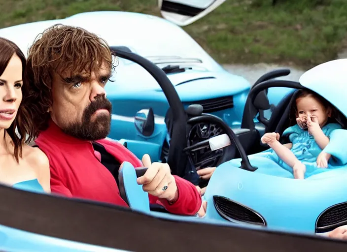 Image similar to peter dinklage and kate beckinsale driving a little tikes cozy coupe, movie still, from the new fast and furious tokyo drift movie, 8 k, realistic