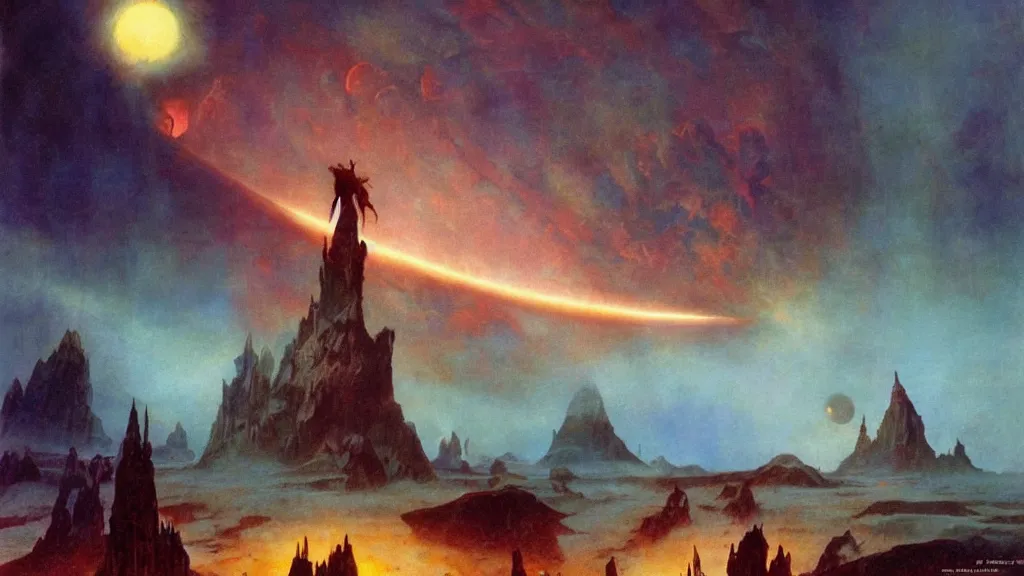 Image similar to journey to the center of the universe by frank frazetta and bruce pennington, cinematic matte painting