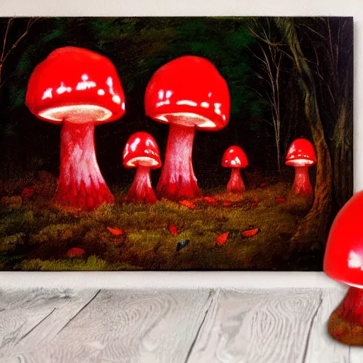 Image similar to glowing giant red mushrooms attacking a goblin in forest, oil painting, soft light, night time