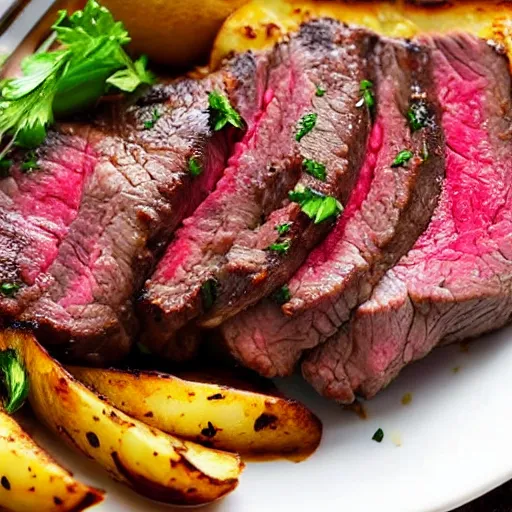 Image similar to a delicious perfectly cooked mouth-watering steak with a steaming-hot baked-potato