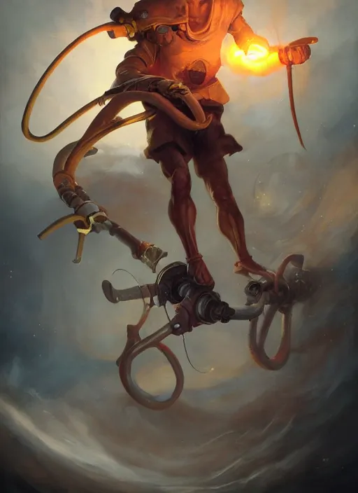 Image similar to close - up portrait of a male sailor with two peglegs and two hook hands, detailed dynamic light painting by peter mohrbacher