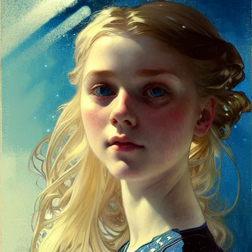 Image similar to Portrait of a young girl on a wooden swing, long blonde hair and sparkling blue eyes, face, vintage, retro, detailed, intricate, digital painting, artstation, concept art, smooth, sharp focus, illustration, art by Krenz Cushart and Artem Demura and alphonse mucha