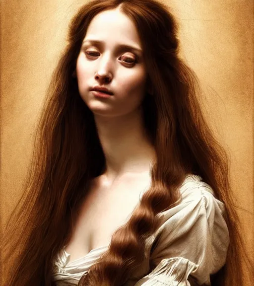 Image similar to portrait of a beautiful long - haired woman sitting upon a table with heightened detail, poised, intense emotion, detailed facial expression, detailed surroundings, intricate, elegant, highly detailed, centered, digital painting, artstation, concept art, smooth, sharp focus, illustration, by ( leonardo da vinci ), wlop