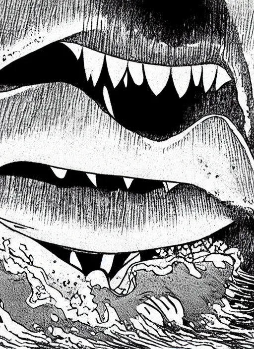 Prompt: illustration of a cinematic still from Jaws (1974) by Junji Ito