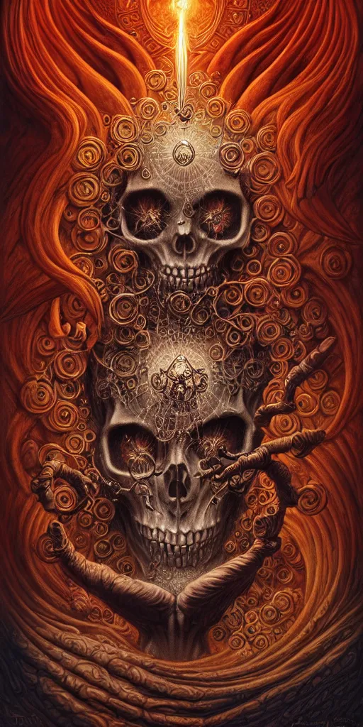 Image similar to A beautiful detailed orixa, tarot card, by tomasz alen kopera and Justin Gerard, symmetrical features, ominous, magical realism, texture, intricate, ornate, royally decorated, skull, skeleton, whirling smoke, embers, red adornements, red torn fabric, radiant colors, fantasy, trending on artstation, volumetric lighting, micro details, 3d sculpture, ray tracing, 8k, anaglyph effect