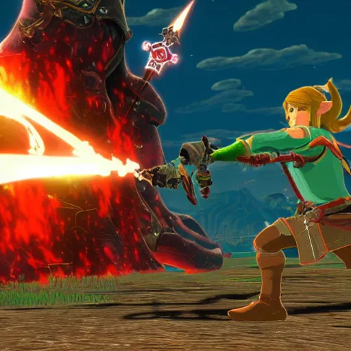 Prompt: botw link fighting satan, botw screenshot