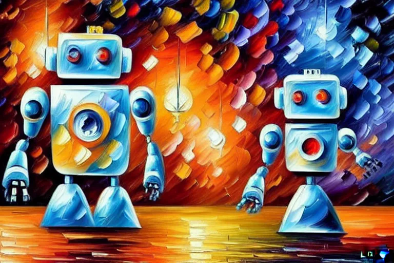 Image similar to a cute little robots painting by leonid afremov