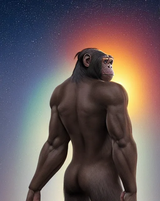 Prompt: very detailed high resolution illustration of a muscular chimpanzee, backlit, stars, night, surrounded, 3 d, 8 k, extremely detailed, artstation, award winning