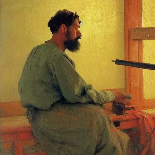 Image similar to high quality high detail painting by ilya repin, carpenter working, hd