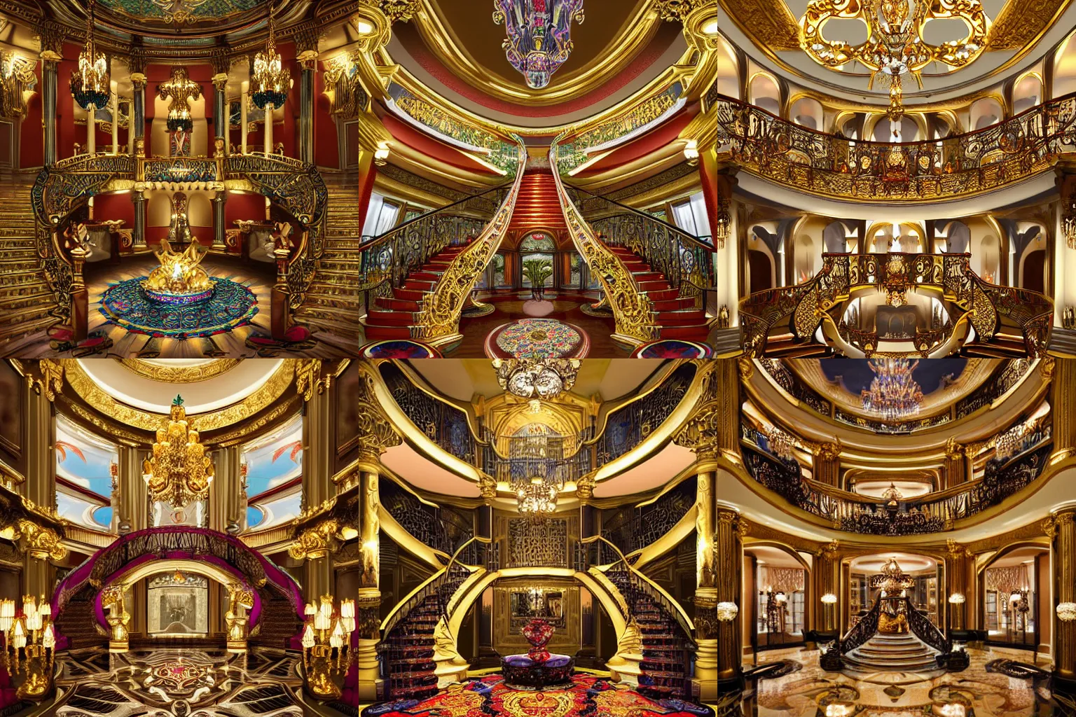 Prompt: large luxurious billionaire's atrium. Maximalist colorful decoration and fancy furniture. Classic architecture with golden accents. Curved staircase with elaborate railing. Large ornate fireplace. Illumination provided by fire torches, chandeliers, and candles. Detailed digital art trending on artstation