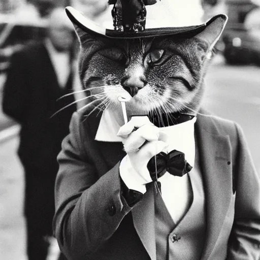 Image similar to cat wearing a suit smoking a cigar