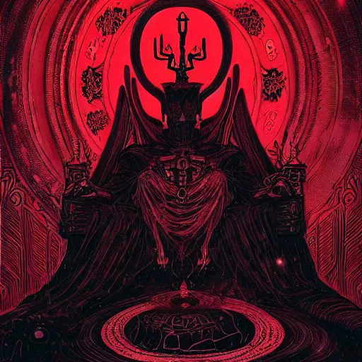 Prompt: red curtains, black paper + tarot card + eldritch god, vintage detailed sci-fi illustration designed by Marc Simonetti and Mike Mignola + psychedelic black light style + intricate ink illustration + symmetry + bloodborne, dark and mysterious, atmospheric, ominous, eerie, cinematic, 4k, ultra detail, ultra realistic