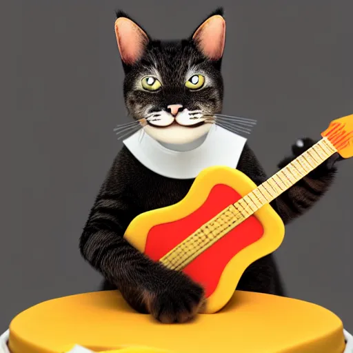 Image similar to A Portrait of a Cat with a body made out of cheese, the cat is playing guitar. octane render, 8k, Hyperrealistic