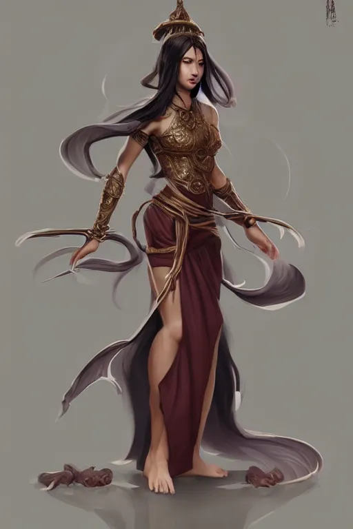 Prompt: a full body portrait of a seductive female monk, D&D, fighting stance, clenched fists, stylish dress, very long flowing dark hair, beautiful bone structure, intricate, elegant, stylish, cute slightly nerdy smile, fantasy, highly detailed, digital painting, artstation, concept art, smooth, sharp focus, illustration, art by artgerm and greg rutkowski and alphonse mucha