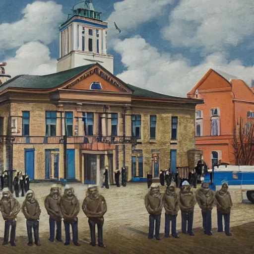 Prompt: the assemblage depicts a police station in the lithuanian city of vilnius. in the foreground, a group of policemen are standing in front of the building, while in the background a busy street can be seen. by patrick brown funereal