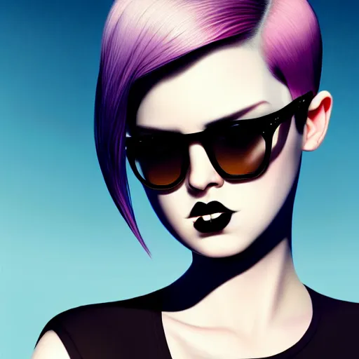 Prompt: realistic high key portrait photo of a beautiful chubby pale goth girl with asymmetrical punk rock hair and badass euro design sunglasses hiding a secret. half portrait by stanley artgerm, dramatic lighting, by nagel, shin jeongho, nick silva and ilya kuvshinov, deviantart, detailed character design, 8 k resolution