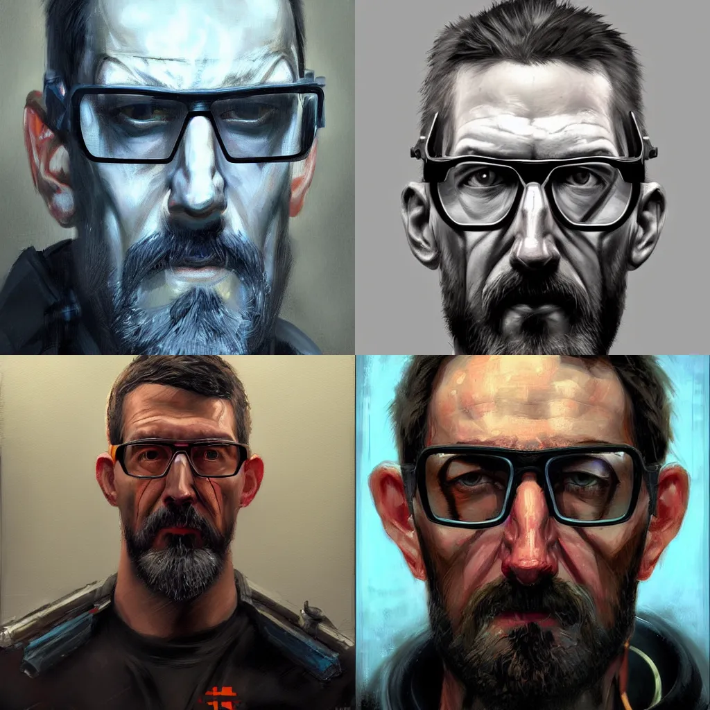 Prompt: A hyperdetailed digital oil portrait painting of Gordon Freeman in the style of Guy Denning and Ruan Jia. Trending on ArtStation and DeviantArt. Digital art.