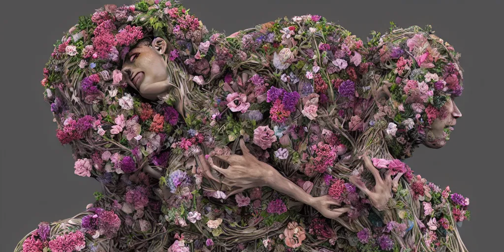Prompt: a sculpture of human bodies intertwined, a lovely cornucopia of flowers and human body parts, body parts, highly detailed, octane render, cinematic ， - h 7 6 8