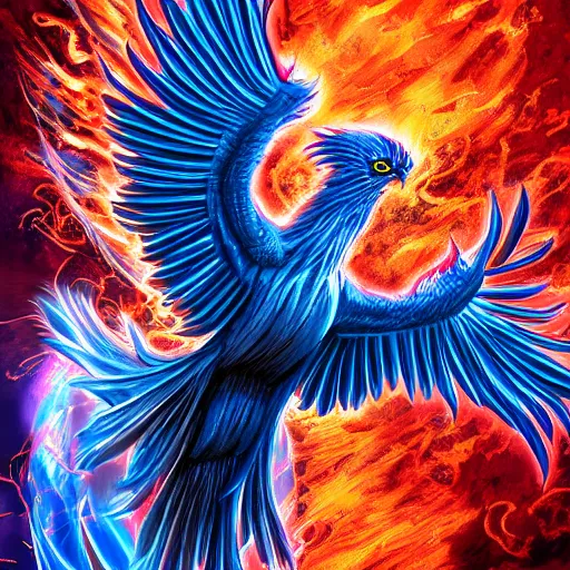 Image similar to realistic phoenix reincarnation in flames, detailed digital art