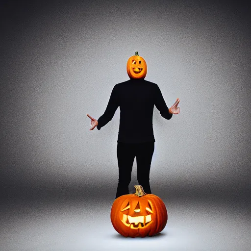 Image similar to man with pumpkin head, in black turtleneck, waving hands, at grey backgroud, studio light, 4 k