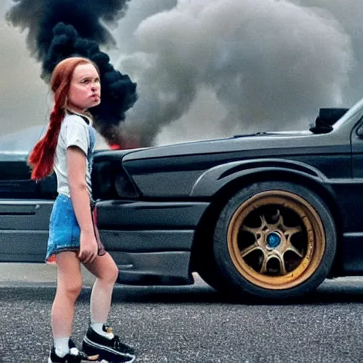 Image similar to close - up of angry greta thunberg with a bmw m 3 e 3 0 in the background, spewing black smoke from it's exhaust