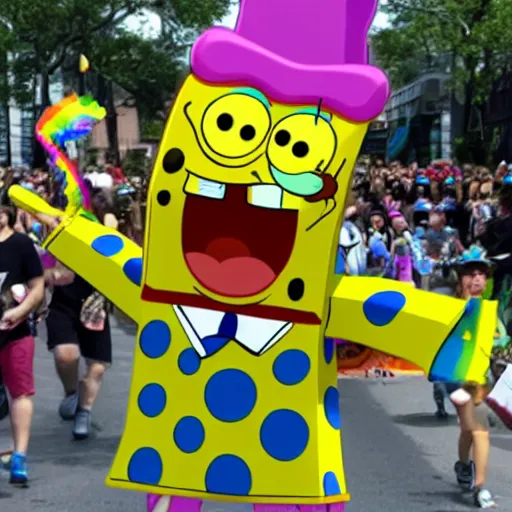 Prompt: spongebob in a pride parade caught on iPhone camera