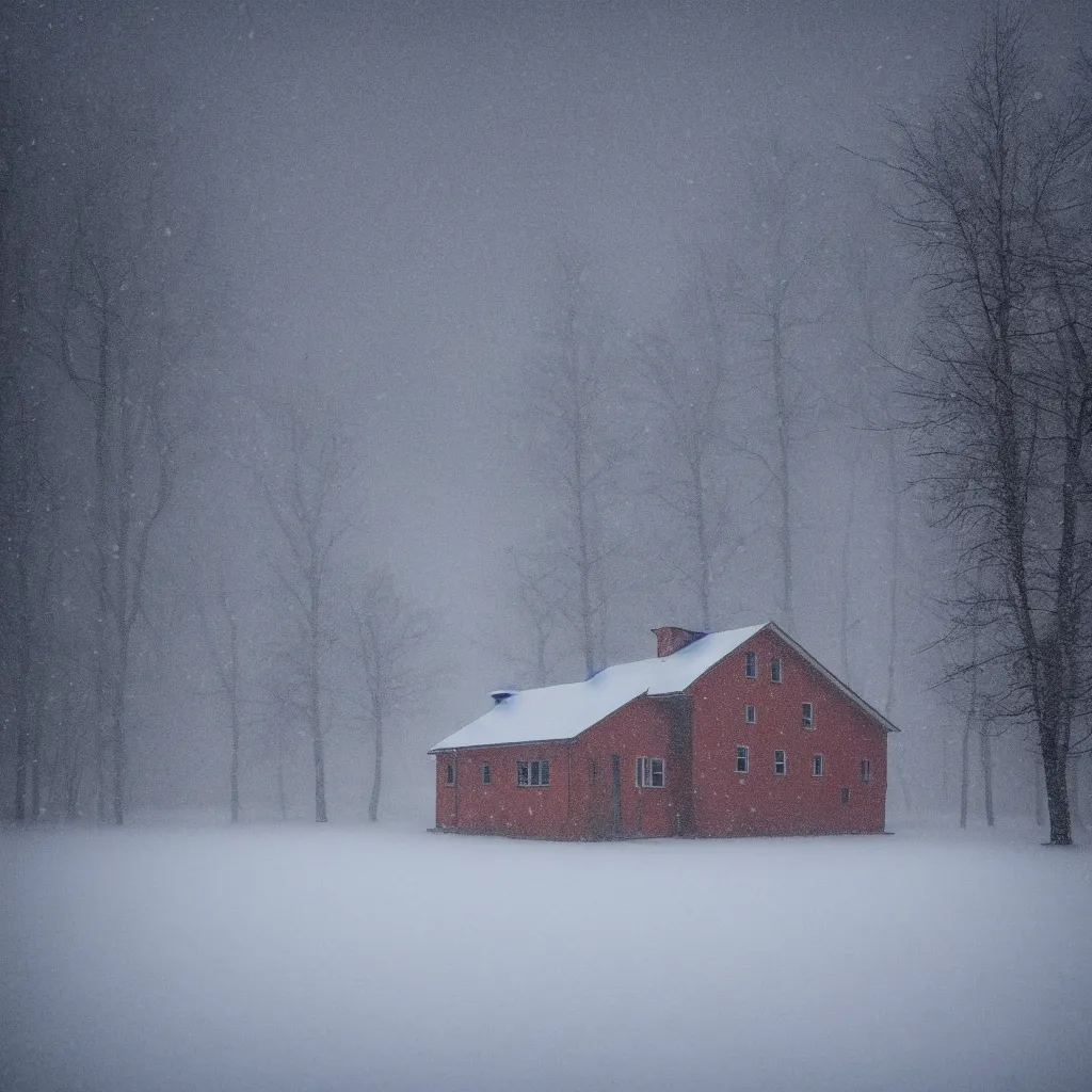 Image similar to landscape with brutalistic soviet architecture style house, near foggy forest and small pond, dark winter evening, snowing, strong, blizzard, atmospheric, mystical, very detailed 4 k, professional photography