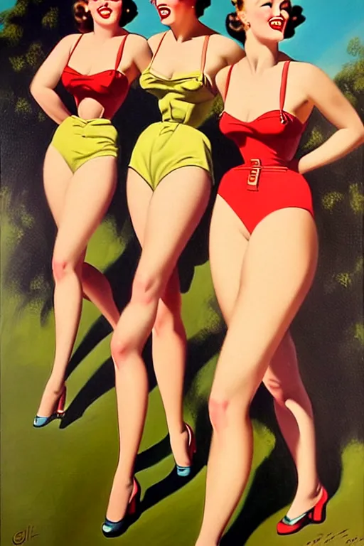 Image similar to 1940s group of pinup bikini girls walking around 1940s Adelaide, in Australia, oil painting, by Gil Elvgren