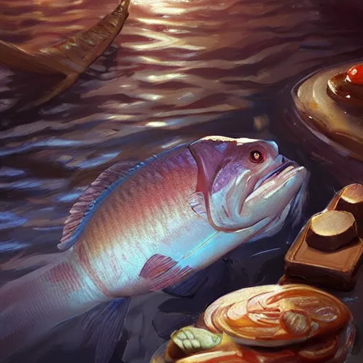 Image similar to a fish laying on top of a chocolate bar. soft, atmospheric, warm lighting. highly detailed digital painting by mandy jurgens.