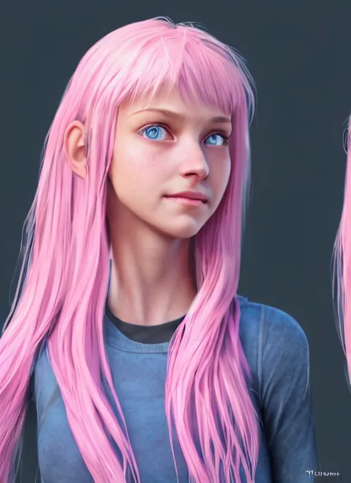 Prompt: concept art for the main character in the award winning film named life is better in pink. the character is a unnaturally beautiful teenage girl with deep light blue eyes and long curled pink hair giving a slight smile. realistic cg render, anatomically correct, high key lighting, trending on art station, vibrant colors.