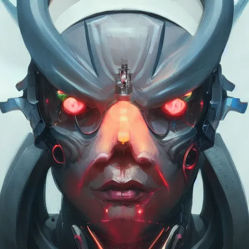 Image similar to portrait of a evil cybernetic devil, cyberpunk concept art by pete mohrbacher and artgerm and wlop and greg rutkowski and deathburger, digital art, highly detailed, intricate, sci-fi, sharp focus, Trending on Artstation HQ, deviantart, unreal engine 5, 4K UHD image