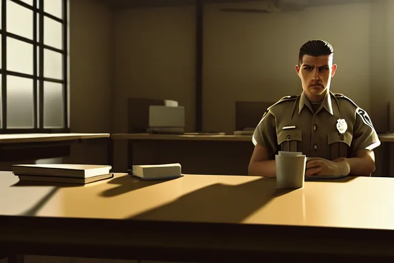 Prompt: a cinematic painting of a male prison guard, sat at a desk, ultra realistic, dramatic, soft light, dreamy, facial features, detailed, deep focus, movie still, beautiful lighting, ray tracing, by annie leibovitz