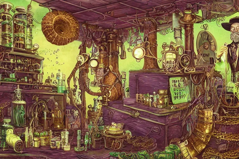 Image similar to Uncle Aloysius, snake oil salesman, wild west crypto pharmaceutical industrialist apothecary alchemist tinkerer engineer, cute, fantasy, intricate, elegant, highly detailed, digital painting, 4k, HDR, concept art, smooth, sharp focus, illustration, purple green color scheme, art by Ed Roth and H R Giger and Greg Rutowski