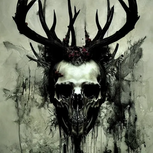 Image similar to leshen with deer skull deer antlers by emil melmoth zdzislaw belsinki craig mullins yoji shinkawa realistic render ominous detailed photo atmospheric by jeremy mann francis bacon and agnes cecile ink drips paint smears digital glitches glitchart