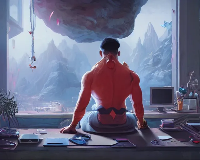 Image similar to an insanely detailed painting of an asian man wearing a homemade superhero costume, sitting at a desk, staring at the nervously at the computer and typing, in the style of peter mohrbacher, dramatic lighting and composition, surreal background, octane render, pixar, trending on artstation, concept art, comic book, view from behind