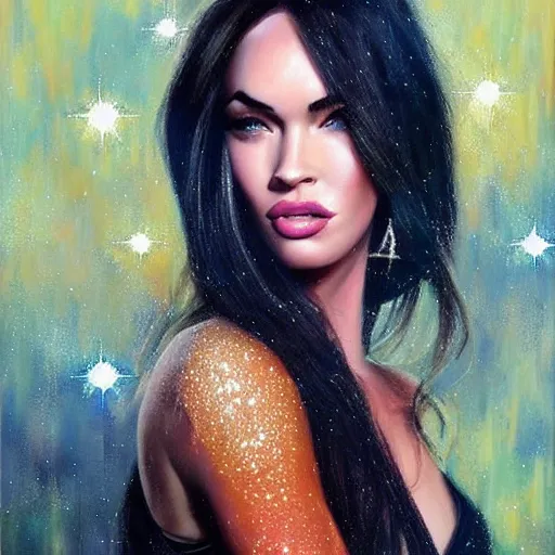 Prompt: “Megan Fox glitter paints paintings, ultra detailed portrait, 4k resolution”