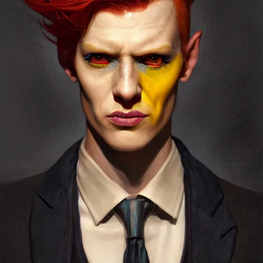 Image similar to portrait of a beautiful nonbinary actor with copper skin and messy short red hair wearing a men's suit, elf ears and yellow slitted eyes, by Gerald Brom and Ross Tran, hyper-realistic, dramatic lighting, 4K, trending on artstation