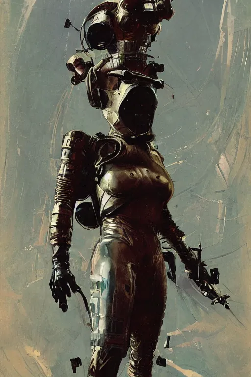 Image similar to pulp scifi fantasy illustration full body portrait of elegant warrior woman wearing latex spacesuit, by norman rockwell, jack kirby, bergey, craig mullins, ruan jia, jeremy mann, tom lovell, 5 0 s, astounding stories, fantasy