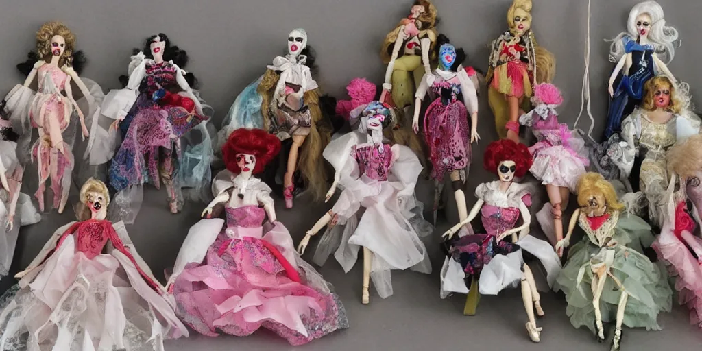 Prompt: drag queen ceramic doll collection in creepy attic